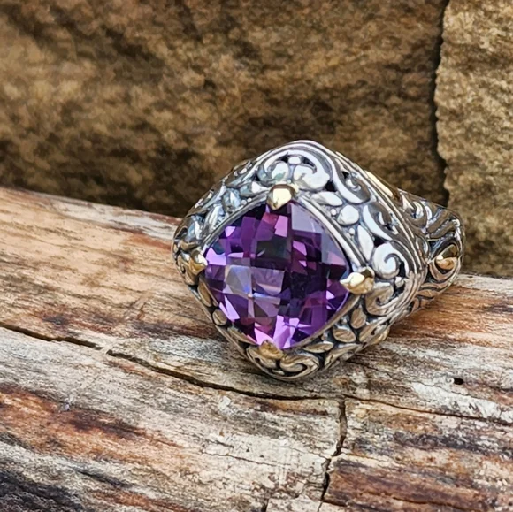 Samuel Benham 925 Sterling Silver 18k Gold Amethyst Designer Size 6.75 Ring BJC - Picture 10 of 12